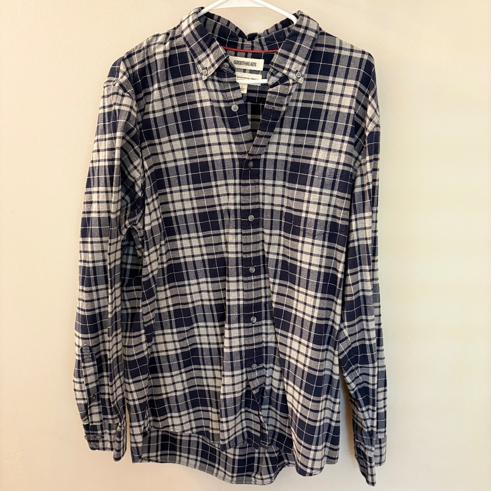 🤯 Goodthreads Plaid Button‑Down – Navy + Gray + White (Size Large)